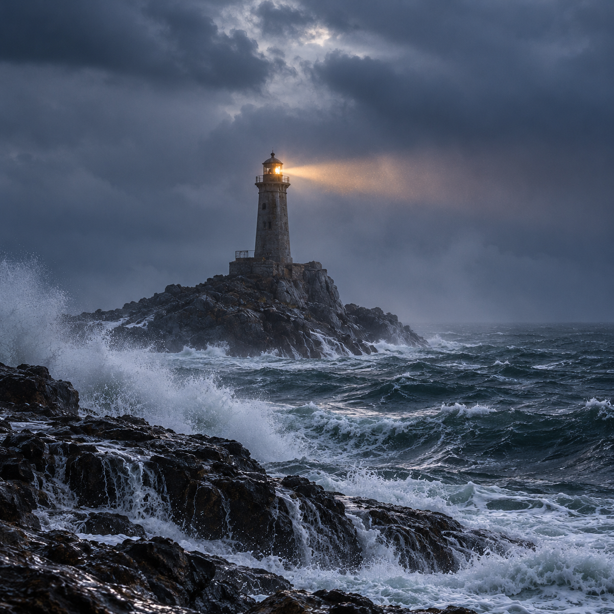 An amber lighthouse beacon shining over a stormy sea